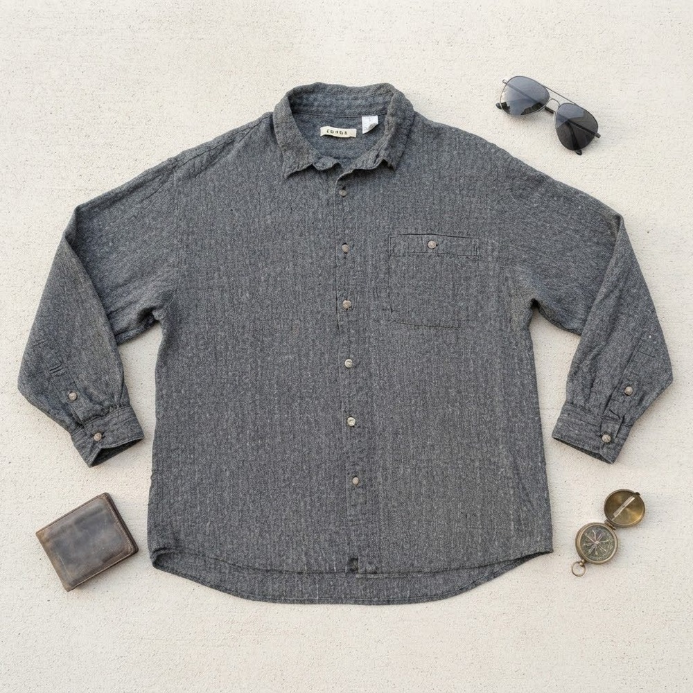 Summa Mens XL Charcoal Grey 100% Silk Long Sleeve Button Down Shirt Textured